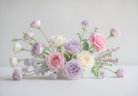 A delicate arrangement of pastel-colored roses and buds with silvery foliage against a neutral background.の素材