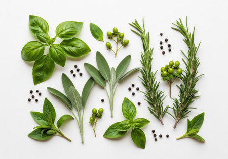 A flat lay arrangement of fresh basil, sage, rosemary, and peppercorns on a white background.の素材