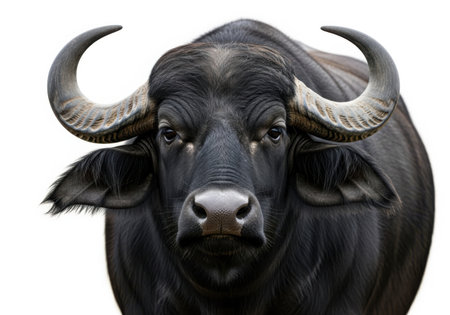 A close-up portrait of a powerful African buffalo, showcasing its dark coat and formidable horns.の素材