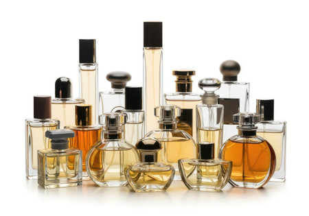 A collection of various glass perfume bottles with different shapes and liquid colors.の素材