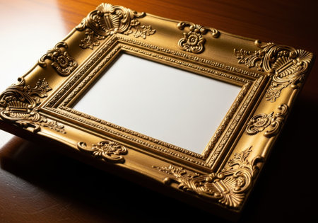 A detailed antique gold picture frame with intricate carvings and a blank white center.の素材