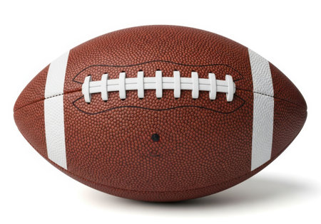A close-up view of a brown American football with white laces on a plain white background.の素材