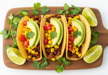 Three delicious tacos are arranged on a wooden board garnished with lime and cilantro.の素材