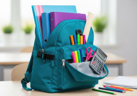 A teal backpack overflowing with colorful pens, markers, folders, and a calculator on a desk.の素材