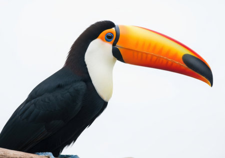 A striking toucan with a massive, colorful beak stands against a clean white backdrop.の素材