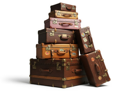 A tall stack of vintage suitcases and trunks in various sizes and materials.の素材