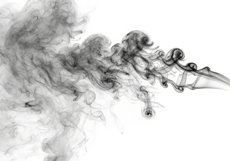 Abstract dark gray smoke plumes gracefully drift and curl across a stark white backdrop.の素材