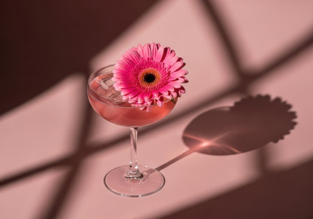 A vibrant pink gerbera daisy rests on a drink, casting a long shadow.の素材
