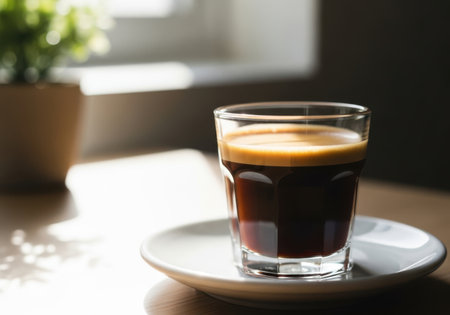 A close-up shot of a glass of rich, dark coffee with a foamy crema.の素材
