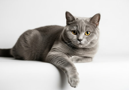 A beautiful grey British Shorthair cat lies relaxed, looking directly at the camera.の素材