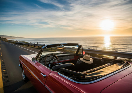 A person in a hat enjoys a scenic drive in a vintage red convertible by the sea.の素材