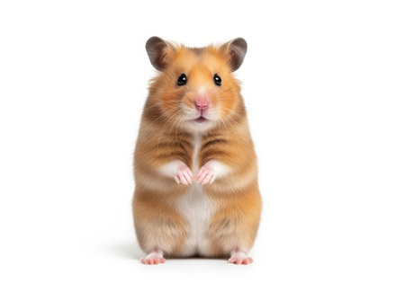 A cute, fluffy golden hamster stands tall on its hind legs against a clean white backdrop.の素材