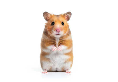 A fluffy Syrian hamster stands upright on a plain white background, looking directly at the camera.の素材