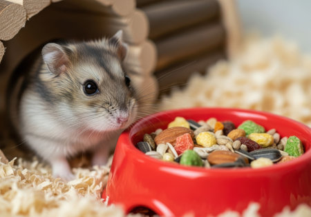 A small hamster emerges from its wooden shelter to eat from a bright red food dish.の素材