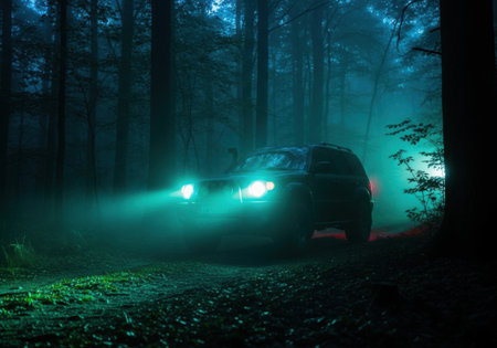 A dark forest illuminated by the bright headlights of an off road vehicle.の素材