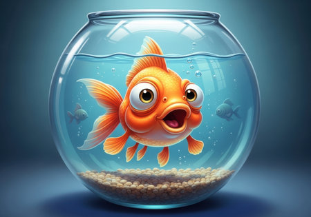 A cartoon goldfish with wide eyes and an open mouth looks surprised inside a clear glass bowl.の素材