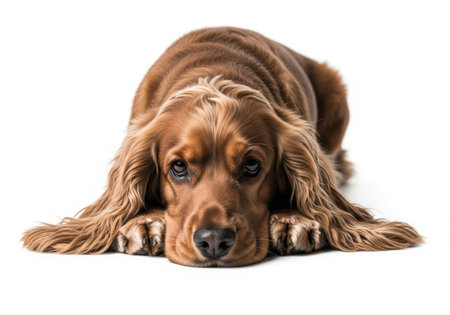 A sad looking brown English Cocker Spaniel dog is resting its head on its paws.の素材
