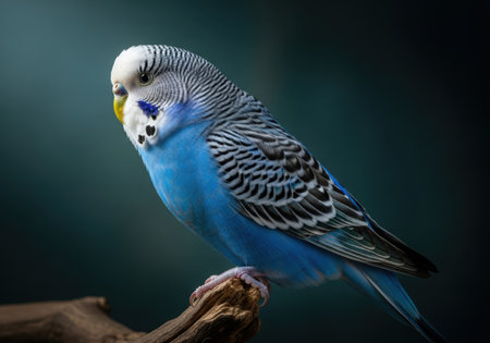 A close-up shot of a beautiful blue budgerigar bird sitting on a branch.の素材