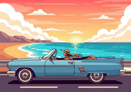 A classic blue convertible cruises by a vibrant beach during a colorful sunset.の素材