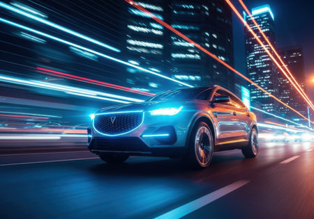 A modern electric SUV with glowing headlights drives through a vibrant, light-streaked urban environment.の素材