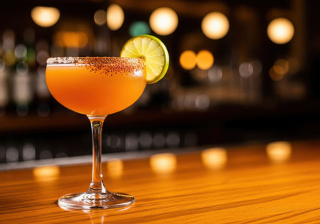 A vibrant orange cocktail in a coupe glass sits on a polished wooden bar.の素材