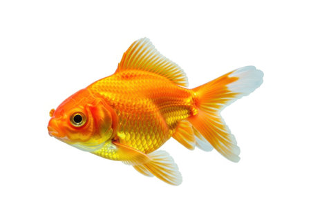 A vibrant orange goldfish with flowing fins swims gracefully on a clean white backdrop.の素材