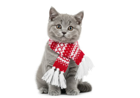 A cute, fluffy kitten with big eyes sits wearing a cozy knitted scarf.の素材