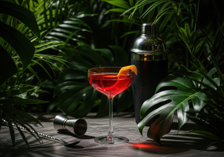 A refreshing red cocktail sits amongst lush green tropical foliage and bar tools.の素材