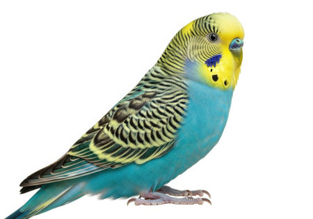 A small, colorful budgerigar with bright blue and yellow plumage stands on its feet.の素材
