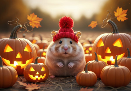 A cute fluffy hamster wearing a red hat sits amidst carved pumpkins on a fall evening.の素材
