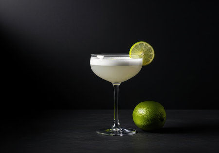 A frothy cocktail in a coupe glass with a lime wheel and a whole lime.の素材