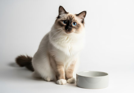 A fluffy Birman cat with striking blue eyes sits patiently next to an empty food bowl.の素材