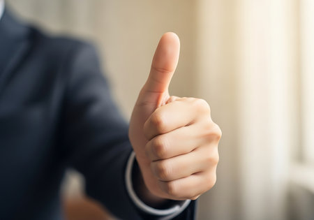 A person in a suit gives a thumbs-up gesture, conveying approval, success, and positive feedback. This image is perfect for representing good news, agreement, and satisfaction in a professional context.の素材