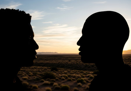 Two individuals in silhouette face one another, their profiles starkly defined against a vibrant sunset sky. The warm hues of the sky suggest a moment of connection, reflection, or shared experience in an outdoor setting.の素材