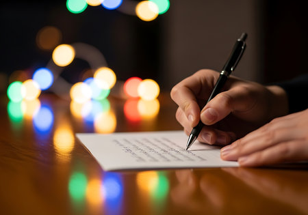 Close-up of a hand holding a pen and writing on a piece of paper. Soft, colorful bokeh lights in the background create a warm and inviting atmosphere, perfect for holiday greetings or personal correspondence.の素材