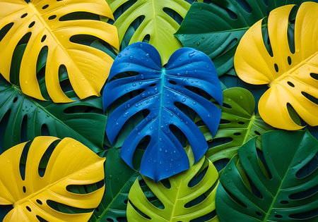 A striking close-up of lush Monstera leaves showcases a vibrant contrast between bright yellow, deep blue, and natural green hues. This eye-catching arrangement celebrates the beauty of exotic foliage and bold color.の素材