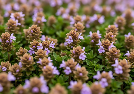A captivating close-up reveals the subtle beauty of tiny purple blossoms nestled amongst vibrant green foliage. The soft focus draws attention to the intricate details of these delicate flowers, creating a serene natural scene.の素材