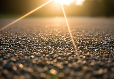 A low-angle shot captures the warmth of golden sunlight filtering through foliage. The textured ground, composed of small stones and earth, is the main focus, bathed in ethereal light rays and lens flare.の素材