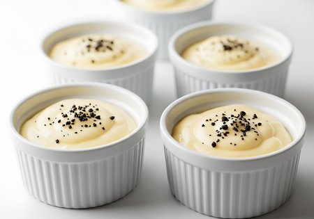 A close-up view of several individual white ramekins filled with creamy custard. Each dessert is topped with a sprinkle of black pepper, offering a surprising savory twist to a sweet treat.の素材