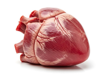 A close-up, realistic depiction of an uncooked animal heart, showcasing its intricate vascular structure and muscular texture. This image is ideal for educational purposes, culinary exploration, or any project requiring a detailed visual of a biological heart.の素材