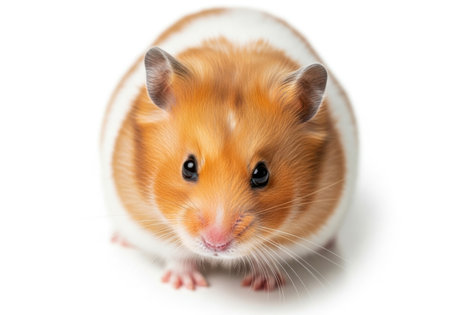 Close-up portrait of a fluffy Syrian hamster with distinctive orange and white markings.の素材