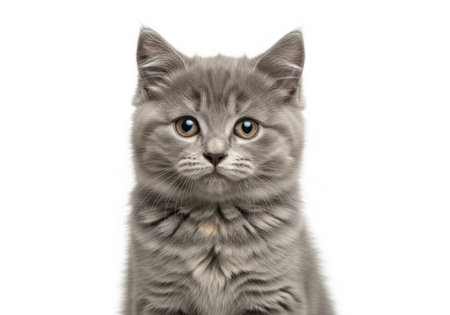A fluffy grey kitten with wide, curious eyes stares directly at the camera.の素材