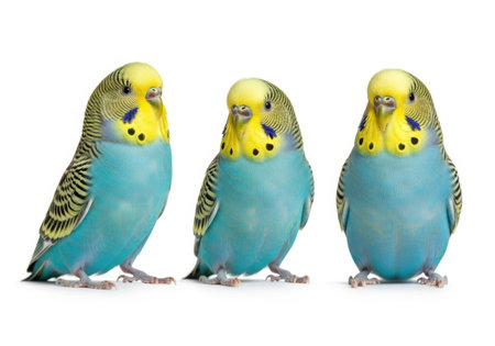 Three small, colorful budgerigars pose against a clean white background.の素材