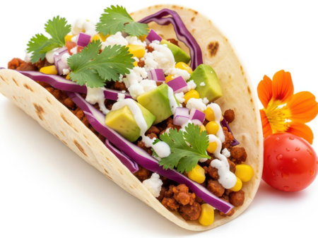 Mexican tacos with meat, vegetables and cheese on a white backgroundの素材