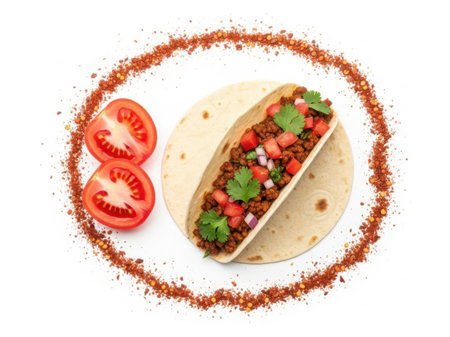 Tacos with minced meat, tomato and cilantro on white backgroundの素材