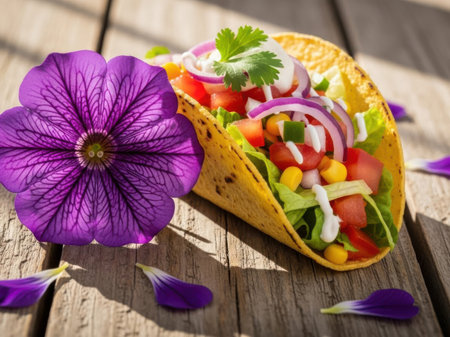 Mexican tacos with fresh vegetables and flowers on a wooden table.の素材