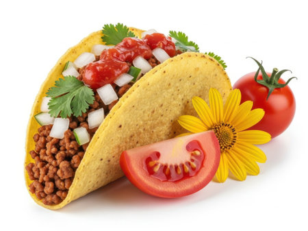 Mexican tacos with corn, tomato, cheese and herbs isolated on white backgroundの素材