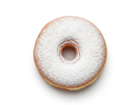 Donut with icing sugar isolated on white background. Top view.の素材