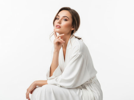 Portrait of a beautiful young woman in bathrobe sitting isolated over white backgroundの素材