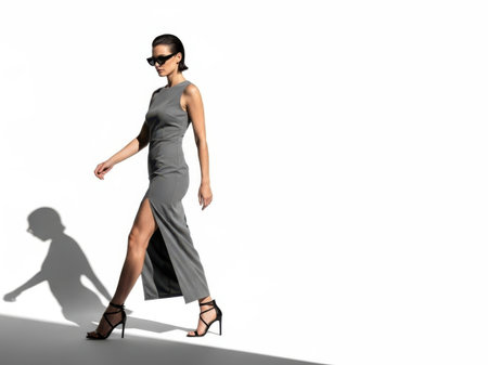 stylish woman in dress and sunglasses looking away while walking on whiteの素材